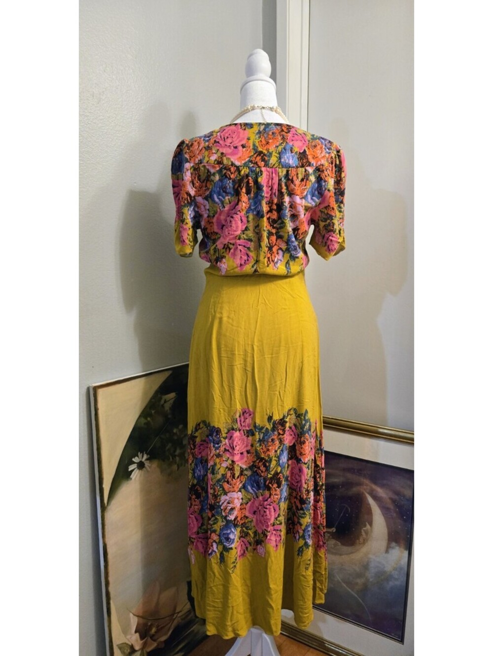 Free People Yellow Floral Midi Dress Size Small Boho V-Neck Button Front Rayon - Picture 8 of 10